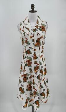 Banned Vintage White Aloha Print Collared Sleeveless Button Midi Dress Sz M